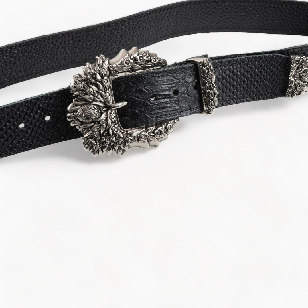 Black Leather Belt  Handcrafted Elegance With Ornate Silver Buckle - Etsy
