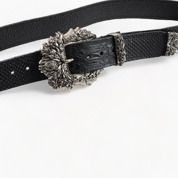 Black Leather Belt with Decorative Silver Buckle Amazon.com: Western Rhinestone Silver Circle Studs and Cross  main image 4