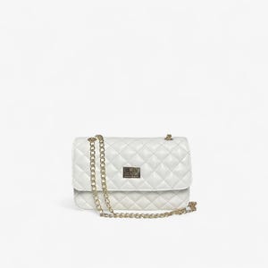 White Synthetic Leather Quilted Flap Shoulder Bag With Gold Chain