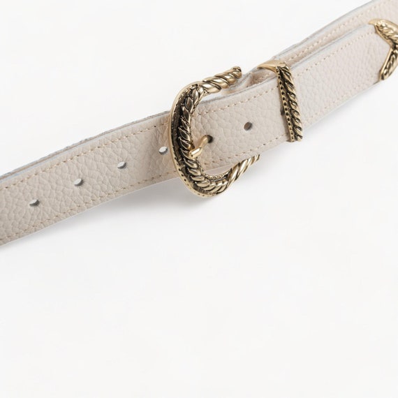 Neutral Beige Leather Belt with Gold Logo Buckle Buy Womens Beige Suede Belt With Gold Round Buckle  main image 4