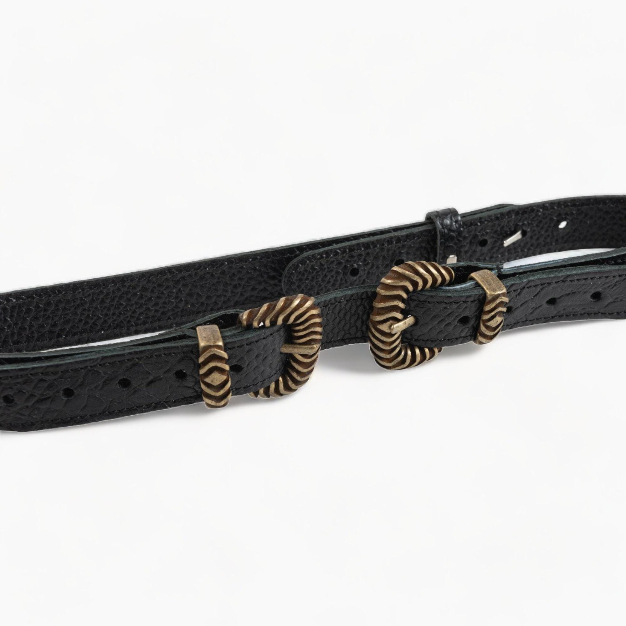 Black Leather Belt With Double Bronze Buckle - A Blend of 