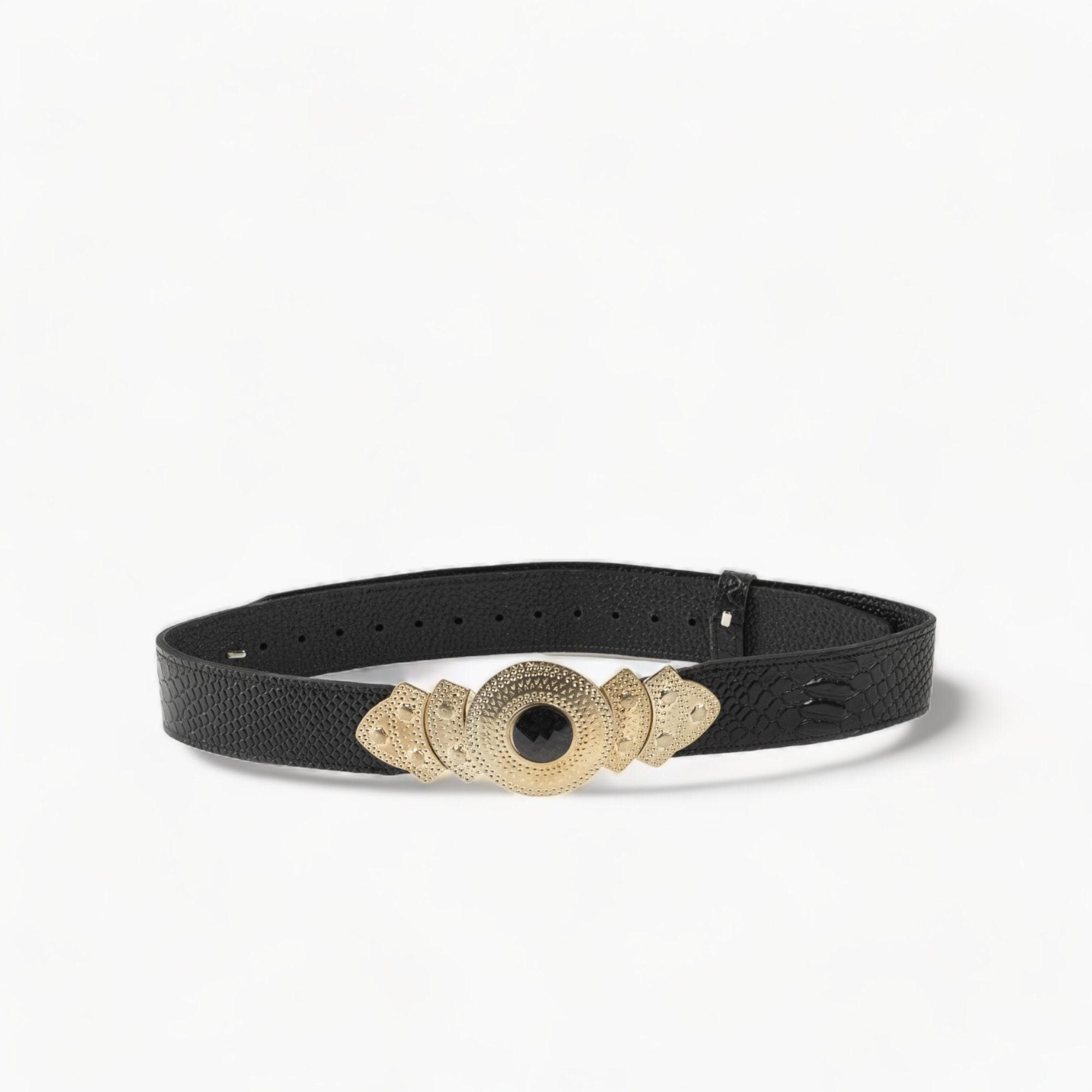 Black Leather Belt With Intricate Gold Buckle and Onyx Bead  display picture 2