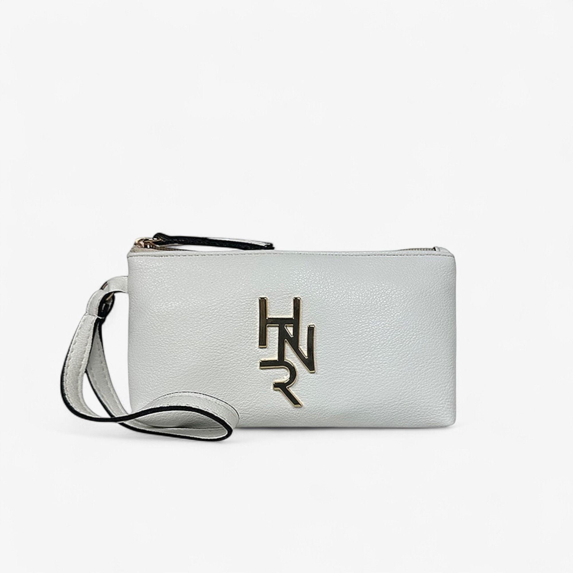 White Embossed Wristlet Clutch With Gold Logo and Zipper