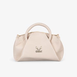 Beige Leather Bag with Pleats and Handle - Handcrafted Elegance