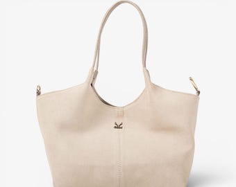 Beige suède leren schoudertas – handgemaakte Griekse convertible tote met gouden details