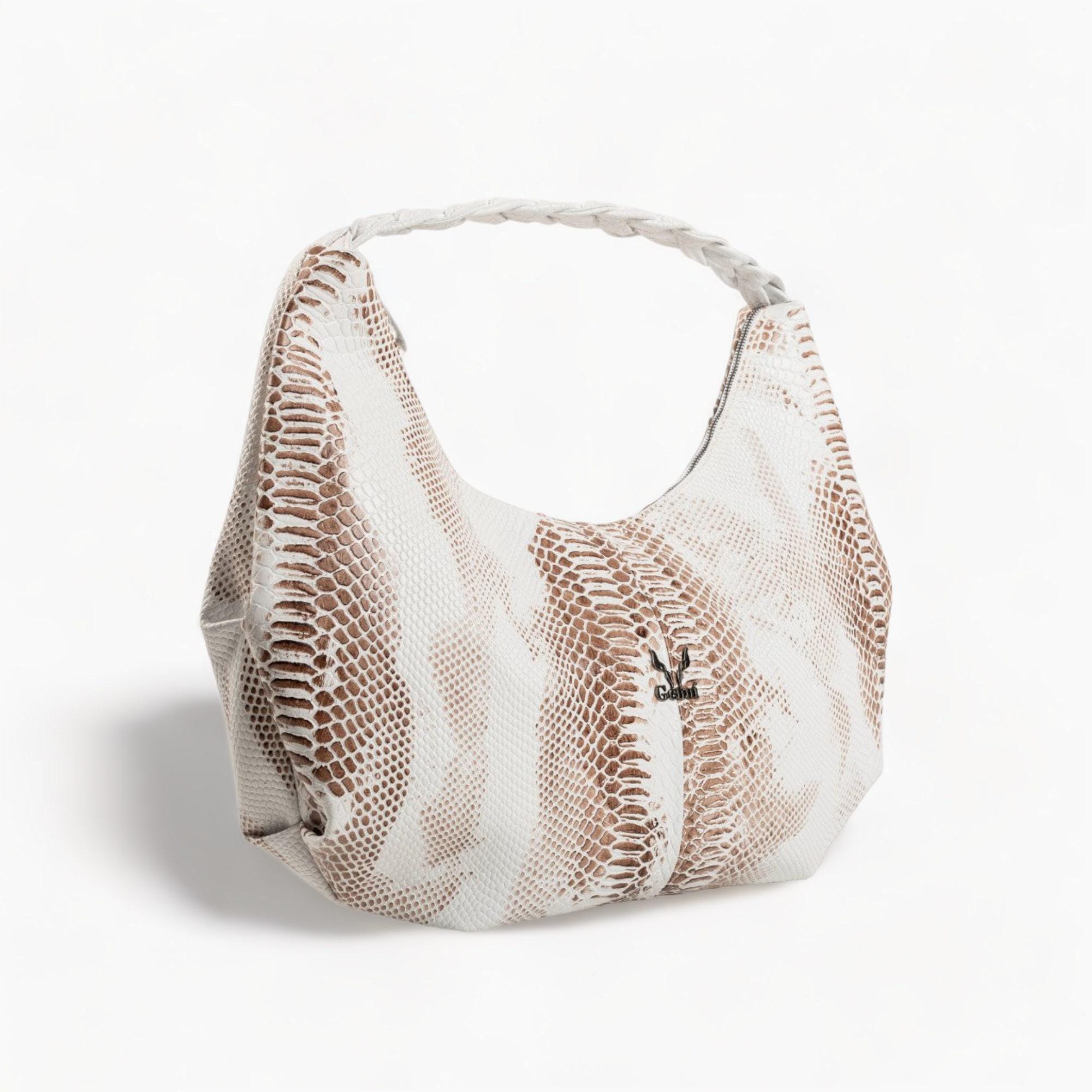 White and Brown Leather Shoulder Bag with Braided Handle - Elegant and Unique