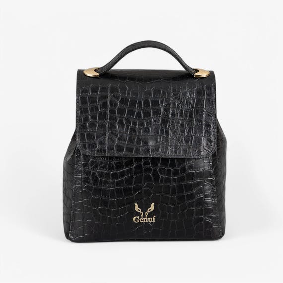 black textured leather backpack Black Textured Leather Backpack With Flap Closure - Handcrafted Elegance