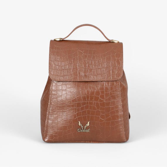 Brown Leather Backpack With Flap Closure - Handcrafted 
