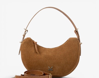 Bruine suède leren halvemaanvormige tas – Handgemaakte schoudertas in Griekse halvemaanvorm met crossbody-riem