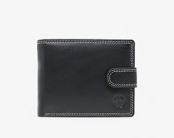 Schlanke Brieftasche aus schwarzem RFID-Leder mit sicherem Druckknopfverschluss