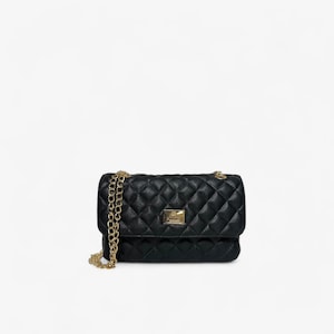 Black Synthetic Leather Quilted Flap Shoulder Bag With Gold Chain