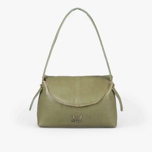 Khaki Leather Shoulder Bag with Flap Closure – Handcrafted Functional Elegance