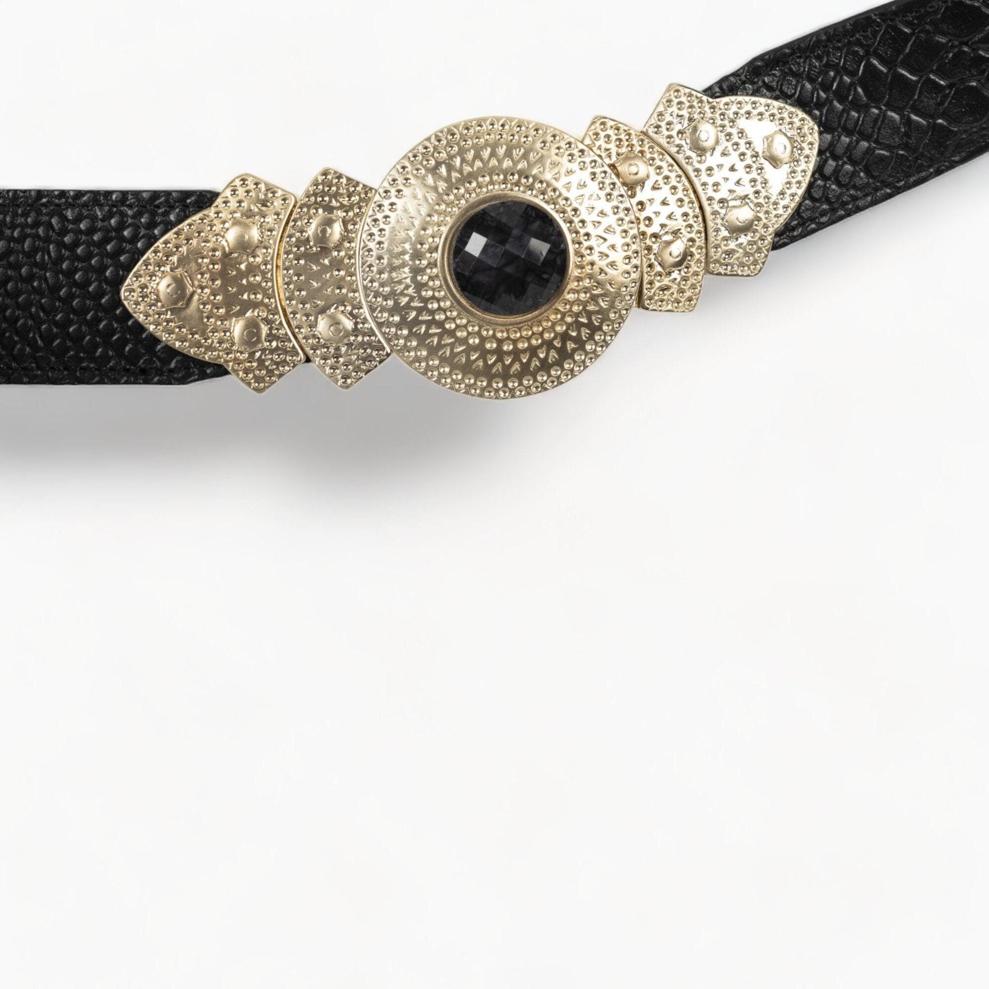 Black Leather Belt With Intricate Gold Buckle and Onyx Bead  display picture 1