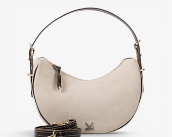 Beige suède schoudertas met bruine leren band – handgemaakte Griekse schouder- en crossbodytas