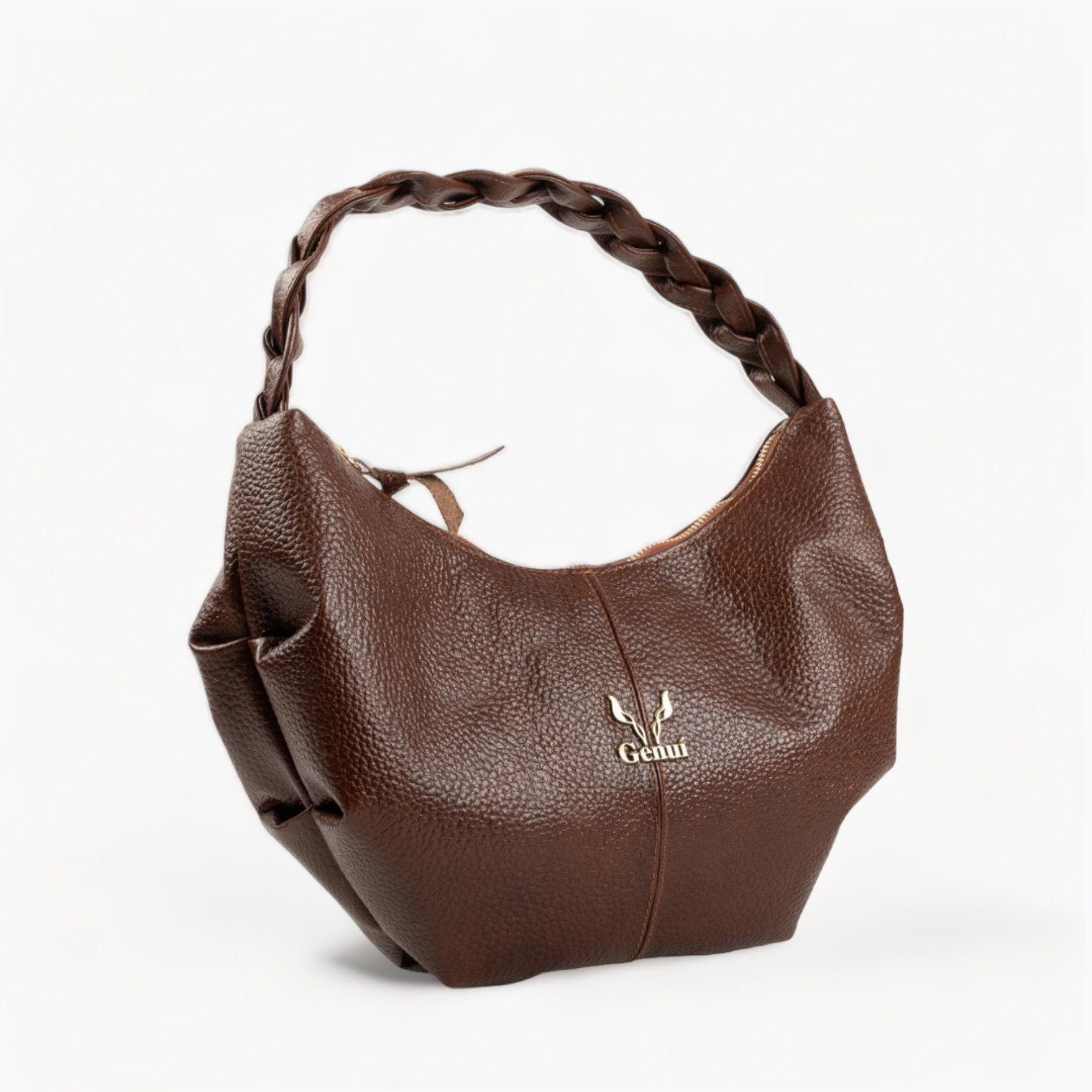 Brown Leather Shoulder Bag With Braided Handle - Timeless Elegance