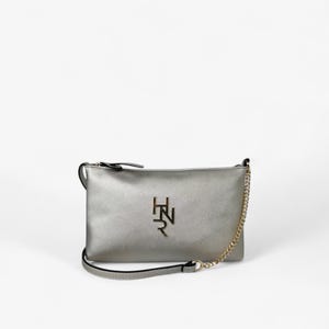 Silver Crossbody Bag With Embossed Texture And Chain Detail