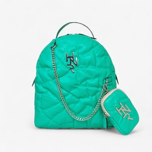Aqua Blue Quilted Backpack With Chain Detail And Coin Pouch