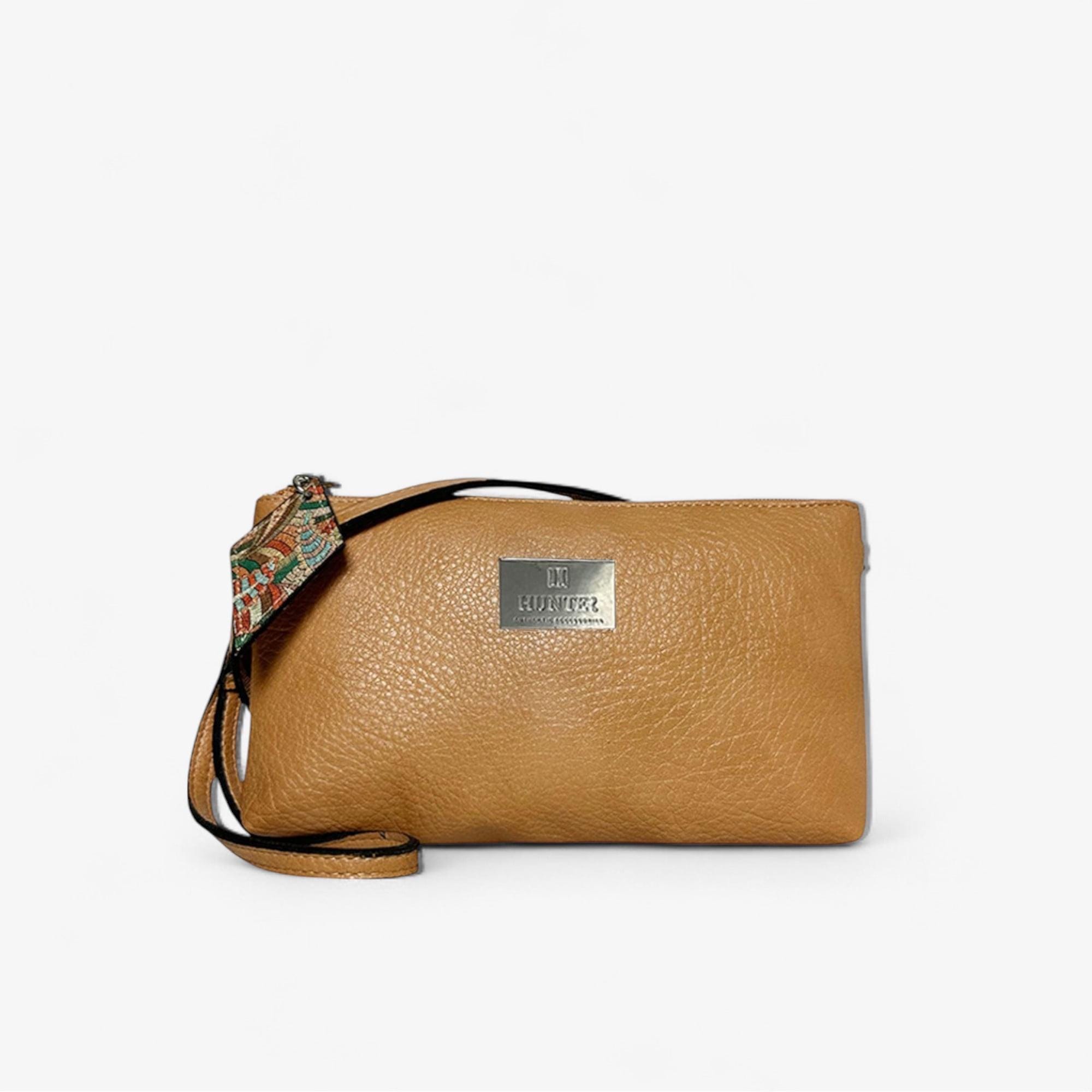 Tan Wrist And Crossbody Bag With Embossed Texture