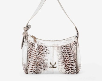 White Embossed Leather Shoulder Bag with Gold Details – Handcrafted Sophistication