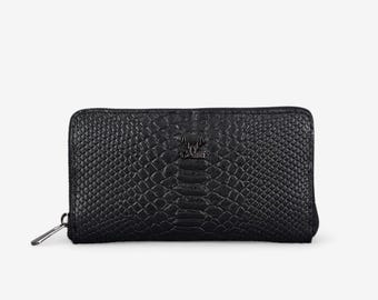 Large Black Embossed Leather Wallet –  Handmade Zip Design