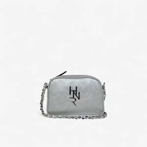 Silver Synthetic Leather Mini Oval Crossbody Bag With Woven Chain