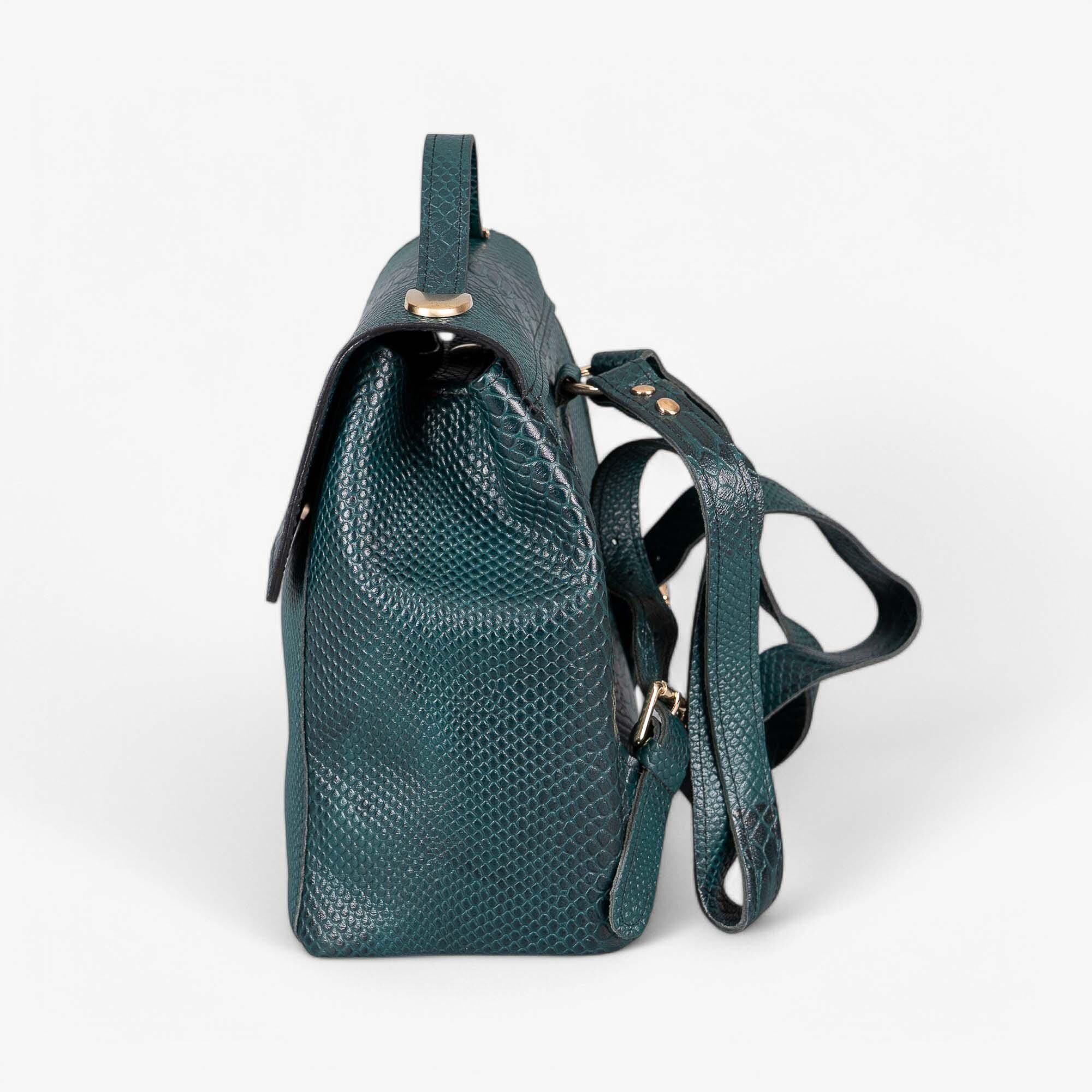 フラップ開閉式エメラルドグリーンレザーバックパック - 手作りの高級