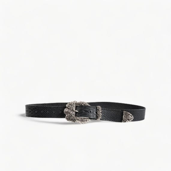Black Leather Belt With Ornate Silver Buckle for Women  display picture 1