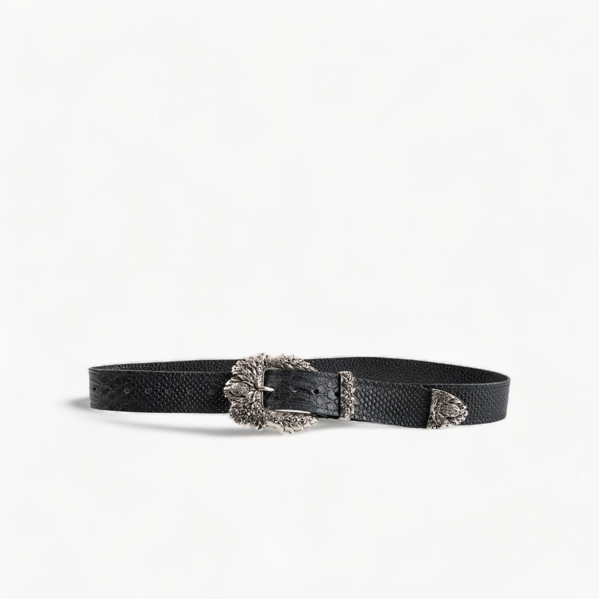 Black Leather Women\'s Belt with Ornate Silver Buckle adjustable 24-38 inches Silver Ohm Buckle | Leather Belts For Women – Obscure Belts main image 4