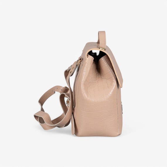 Taupe Leather Backpack With Flap Closure - Handcrafted  display picture 3