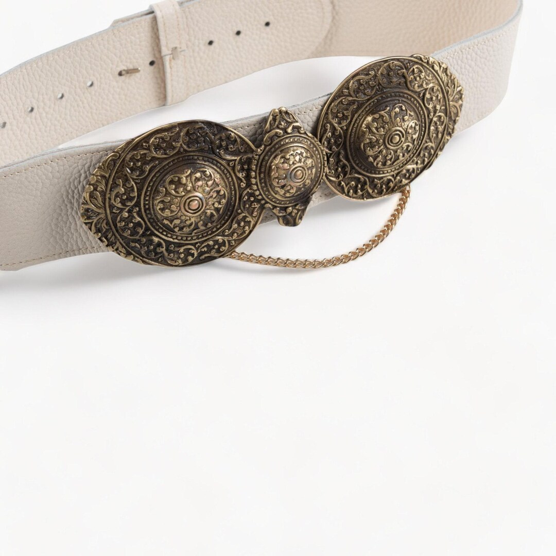 Beige Leather Belt With Ornate Bronze Buckle - A Statement 