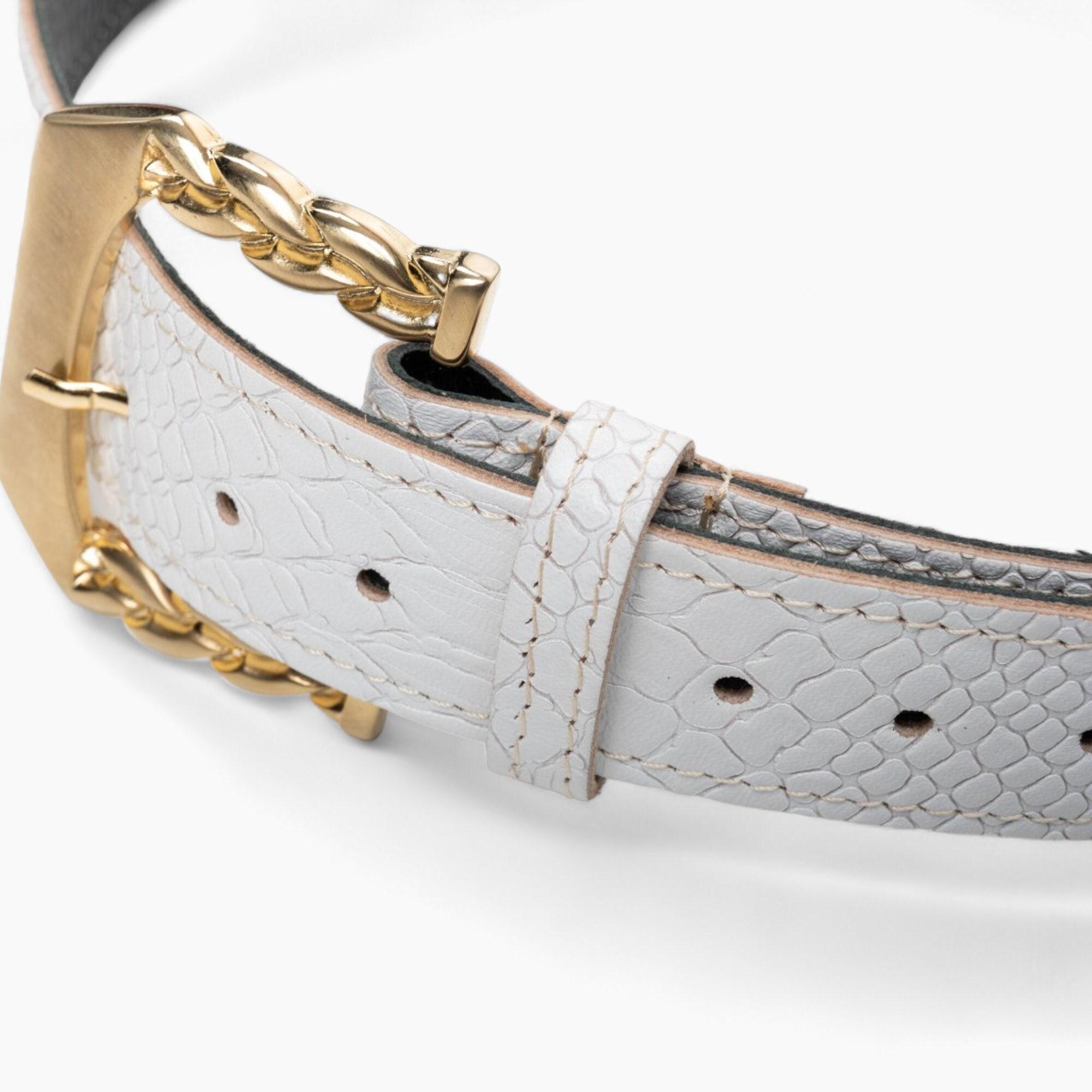 White Leather Belt with Gold Interlocking Logo Buckle LS Clasp Leather Skinny Belt main image 3