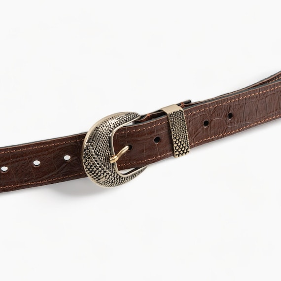 Brown leather belt with a large ornate gold-toned textured buckle Olga Santini Genuine Leather Belt with Ornate | Mercari main image 3