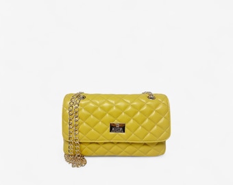 Yellow Synthetic Leather Quilted Flap Shoulder Bag With Gold Chain