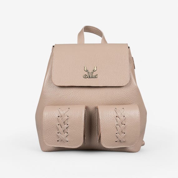 Taupe Leather Backpack With Flap and Pockets - Handmade  display picture 1