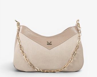 Beige suède leren schoudertas met gouden ketting – Handgemaakte Griekse schoudertas