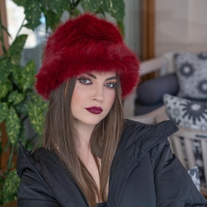 HAND CRAFTED Hat Crochet Bucket Teddy Faux Fur Winter Full Ruffle Red Burgundy Red Faux Fur Bucket Hat: Plush Winter Elegance - Etsy main image 4