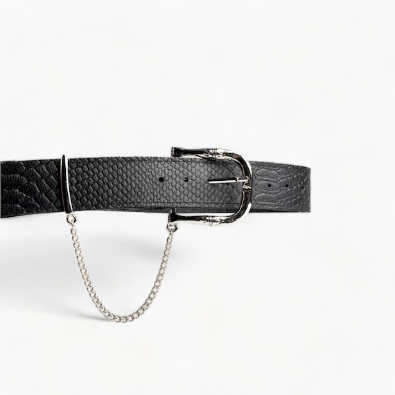 Black Leather Belt With Silver Chain - Distinctive Design  display picture 1