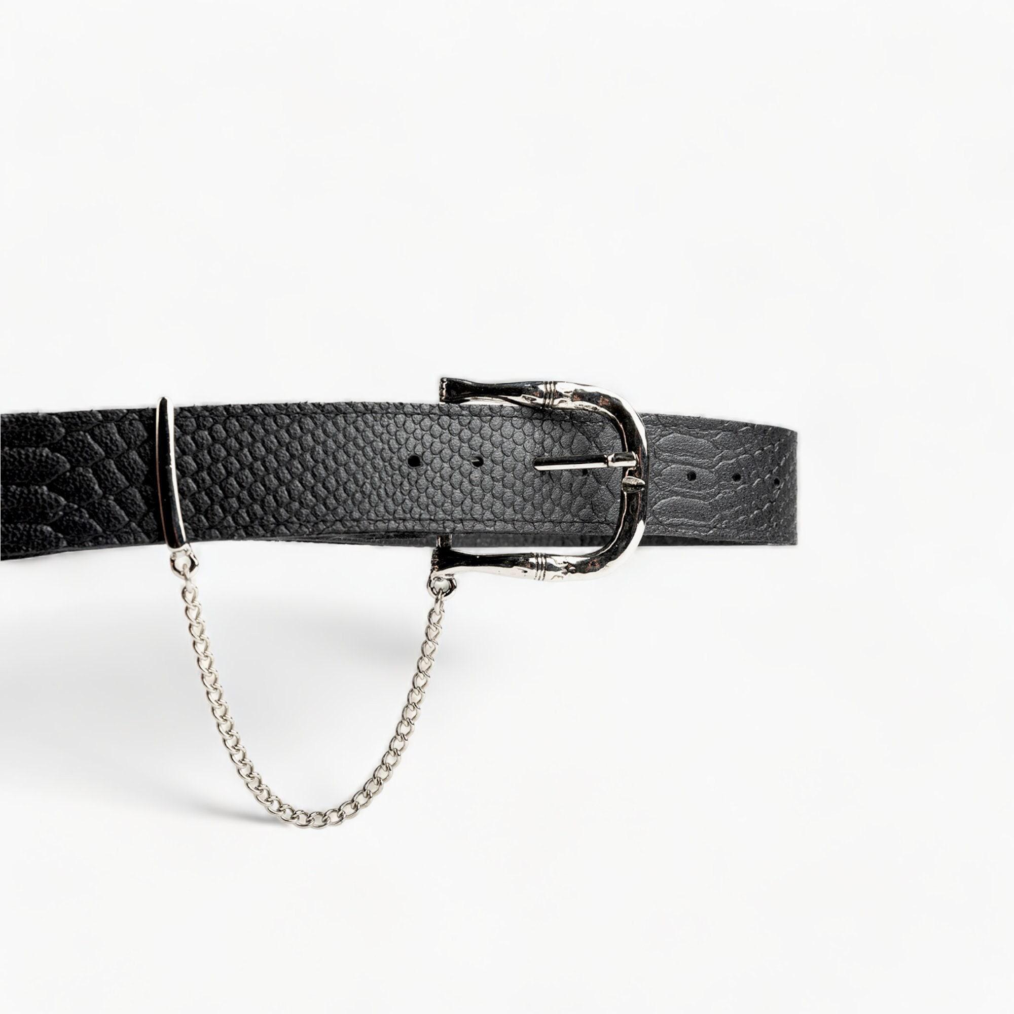 Black Leather Belt With Silver Chain - Distinctive Design 