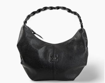Handcrafted Leather Crossbody Bag with Woven Handle in Black - Elegant and Unique