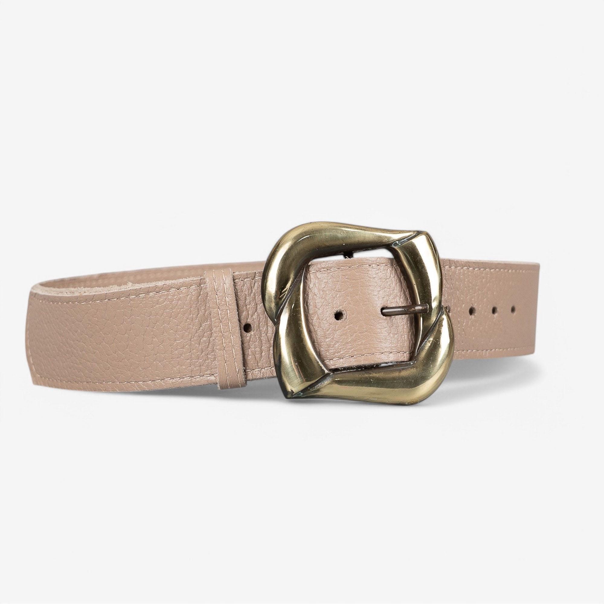 Taupe Leather Belt with Gold Double-Ring Buckle Buy Gold Double D Ring Belt Handmade Natural Pebble Leather  main image 2