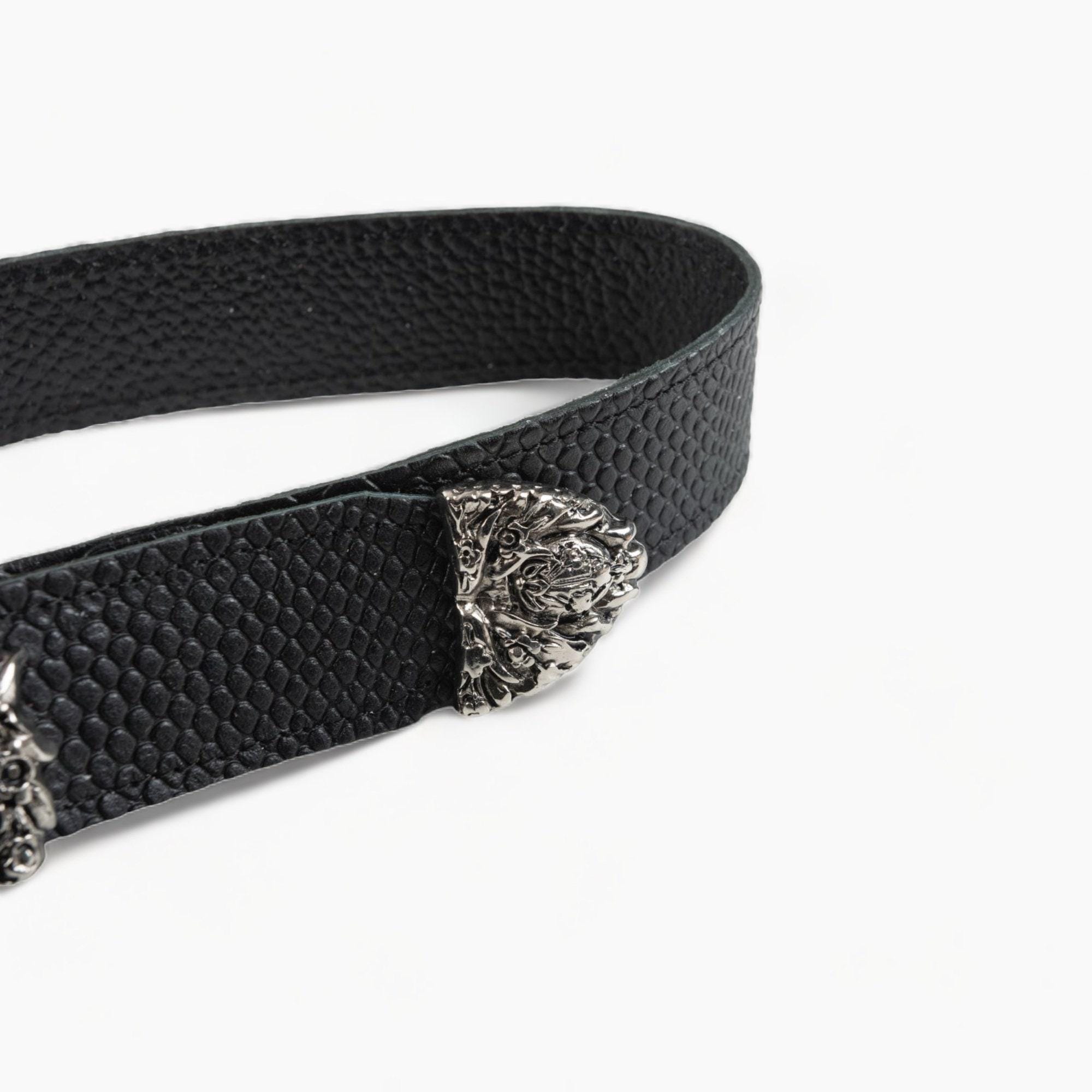 Black Leather Belt With Ornate Silver Buckle for Women 