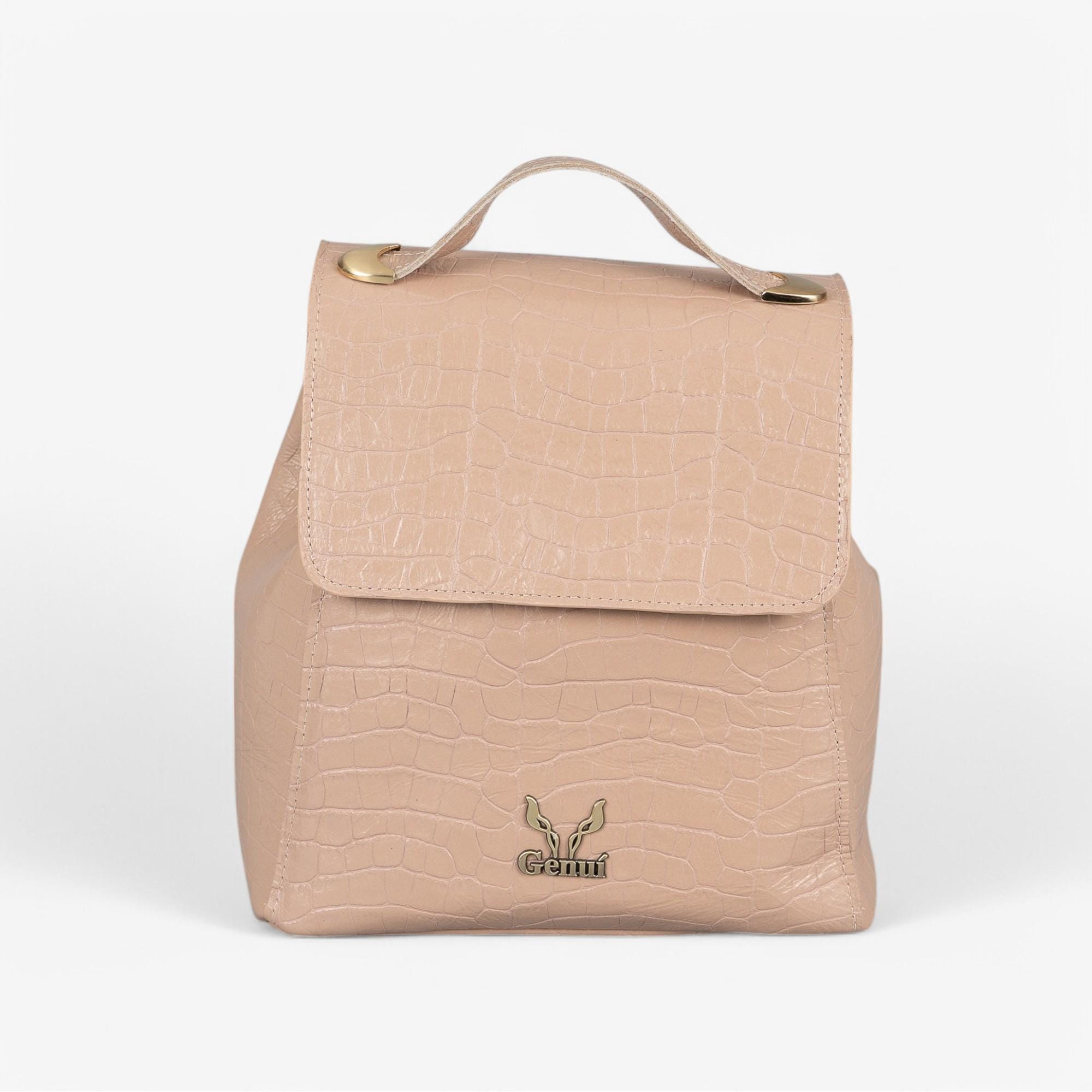 Taupe Leather Backpack With Flap Closure - Handcrafted  display picture 2