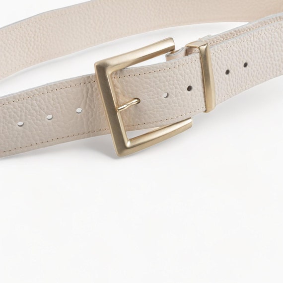 Neutral Beige Leather Belt with Gold Logo Buckle Buy Womens Beige Suede Belt With Gold Round Buckle  main image 3