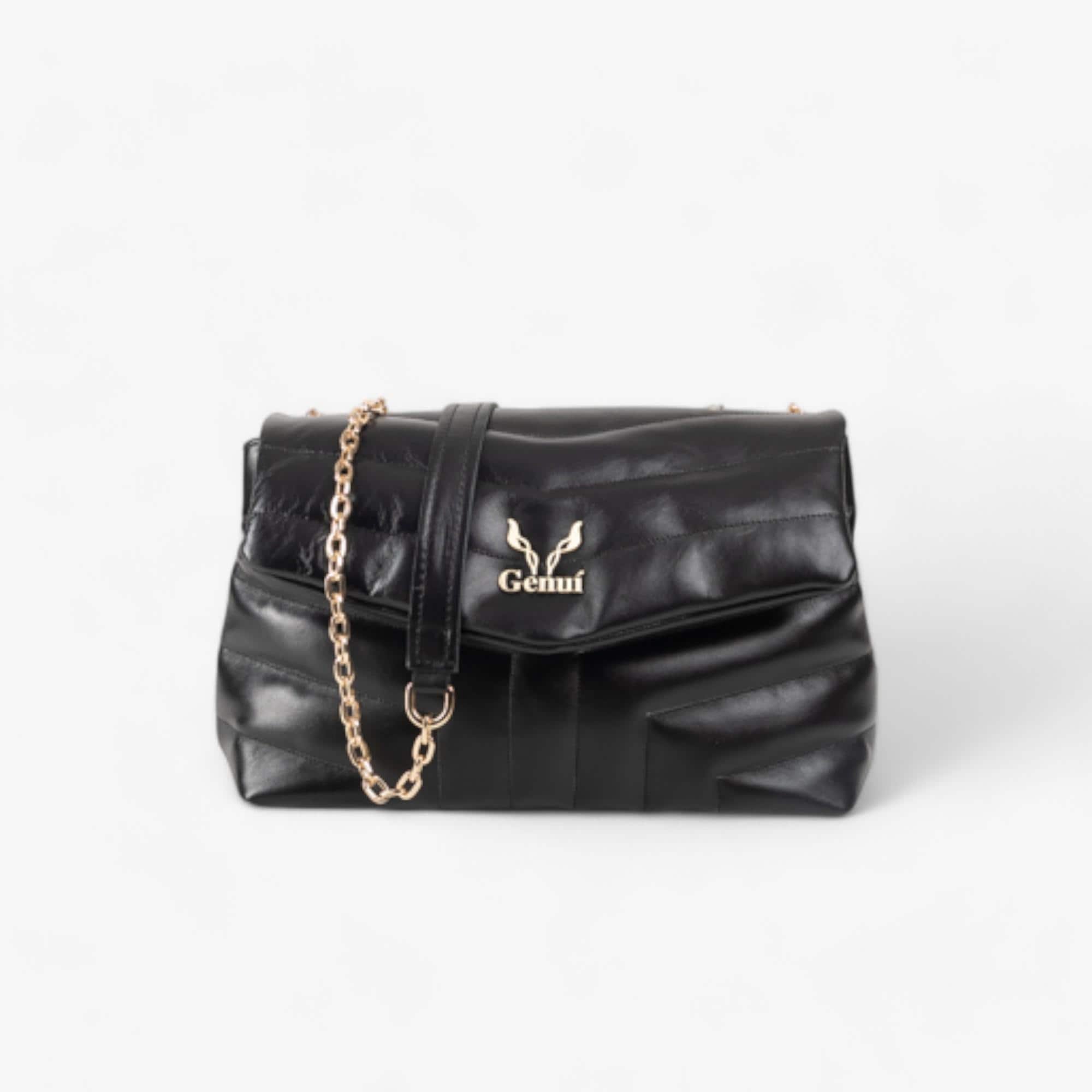 Quilted Black Leather Shoulder Bag – Elegant Handmade Crossbody with Gold Chain