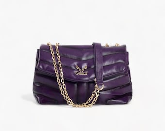 Handmade Purple Quilted Leather Shoulder Bag with Chain – A Statement of Luxury and Style