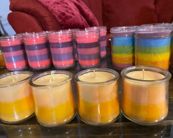 Handmade soywax candles, Bright yellow and orange stripes, Cabana Boys Fragrance, Small Reused Jars, Glass, set of four unique