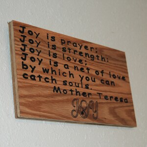 Mother Teresa quote about Joy - Hand painted, carved wood plaque - 23084