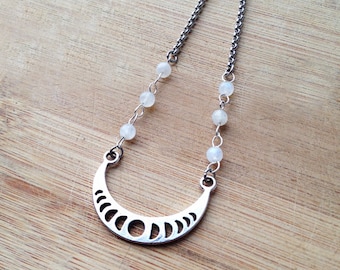 silver moonphase necklace, moon phase necklace, moonstone necklace, moon jewellery, crescent moon, luna necklace, celestial jewellery