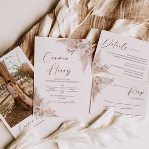 Boho Floral Wedding Invitation Template, Modern Wedding Invite, Boho Wedding Invitation, Pampas Photo Wedding Invitation, Editable Template