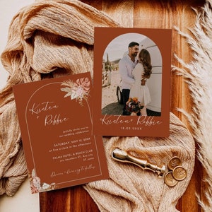 Boho Modern Wedding Invitation Template, Editable Terracotta Pampass Wedding Invite, Modern Burnt Brown Wedding Invite, Photo Wedding Invite